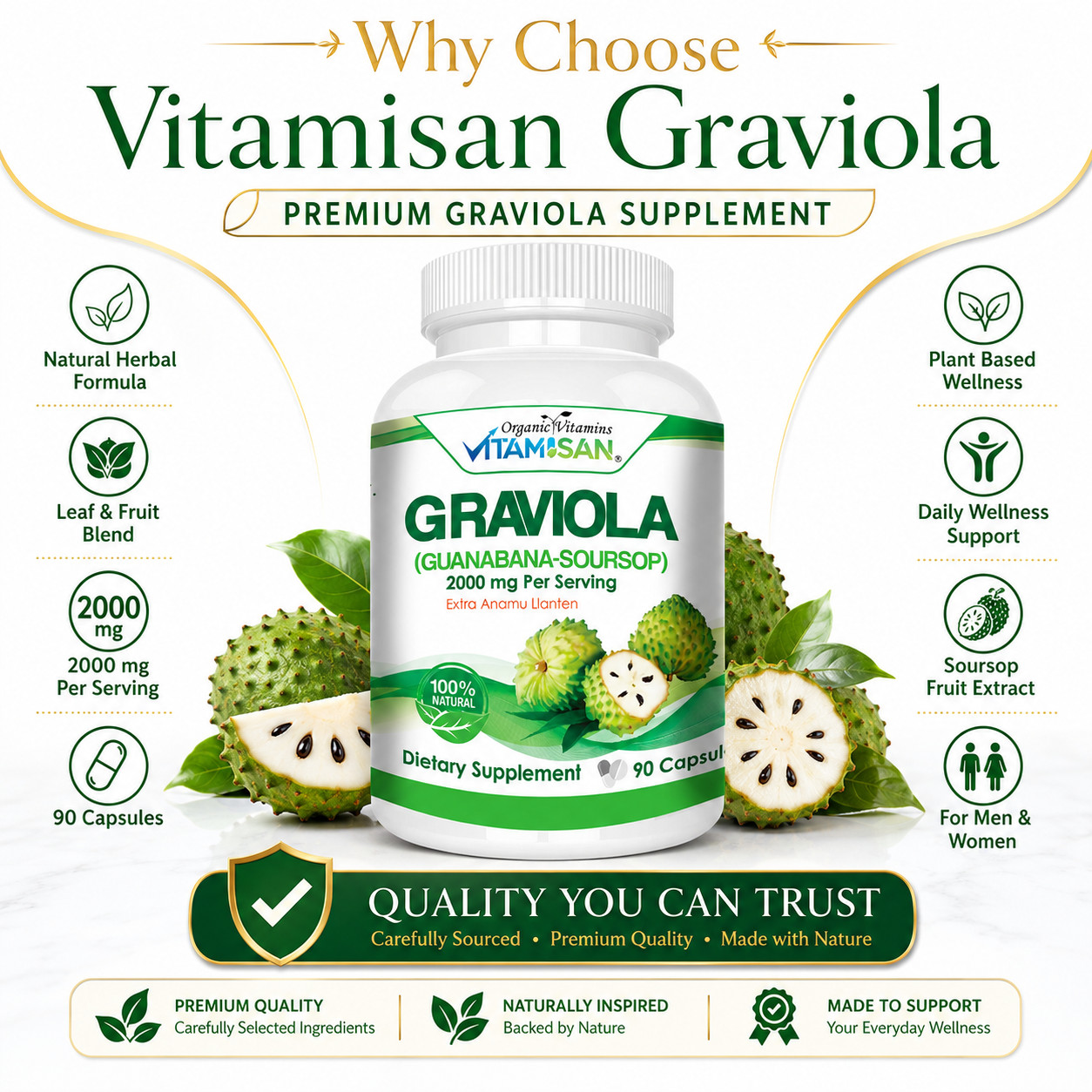 Soursop GRAVIOLA EXTRACT 2000 mg 45days Guanabana Annona Antioxidant 90 capsules