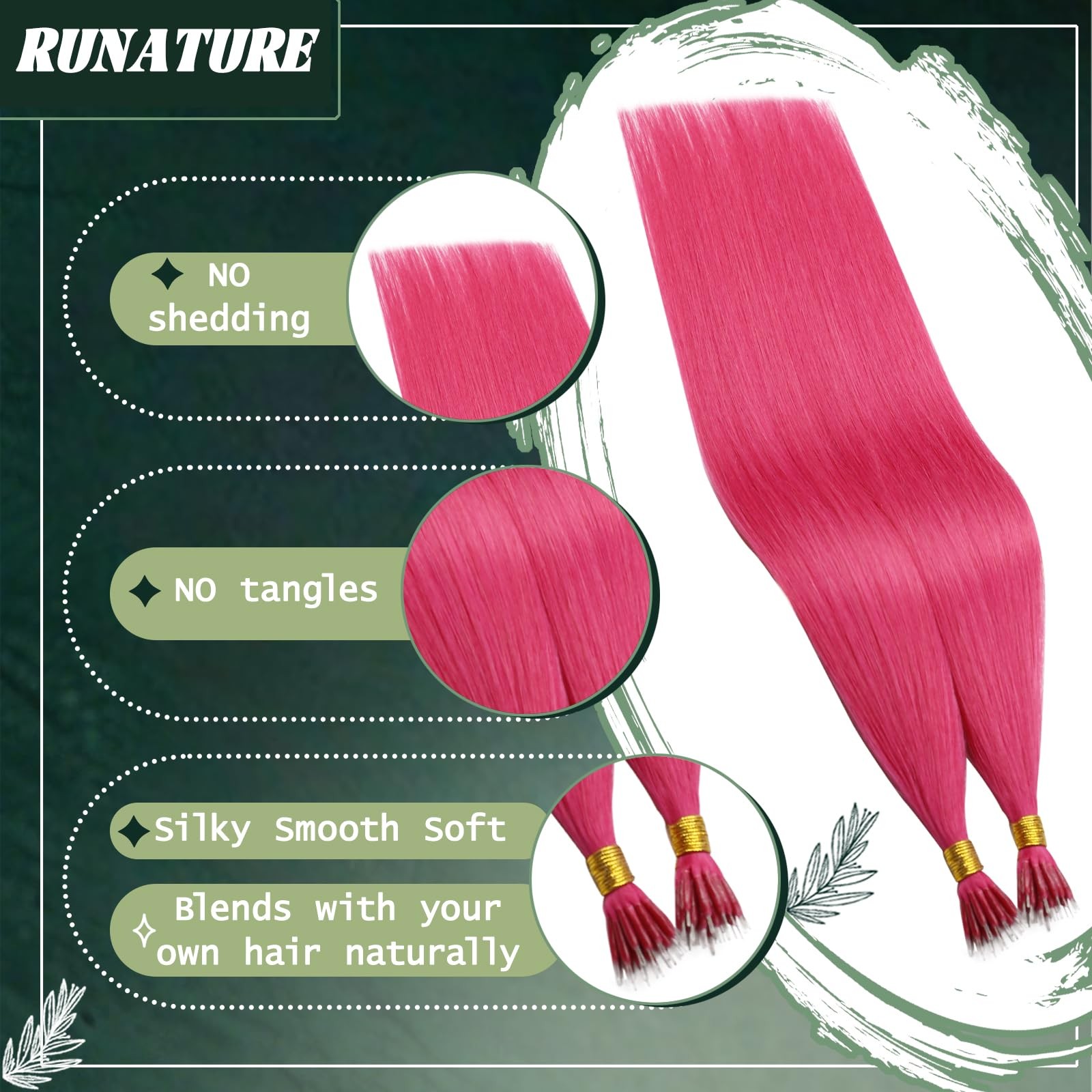 Runature Pink Nano Bead Hair Extensions Human Hair 20 Inch 50G 50S Invisible