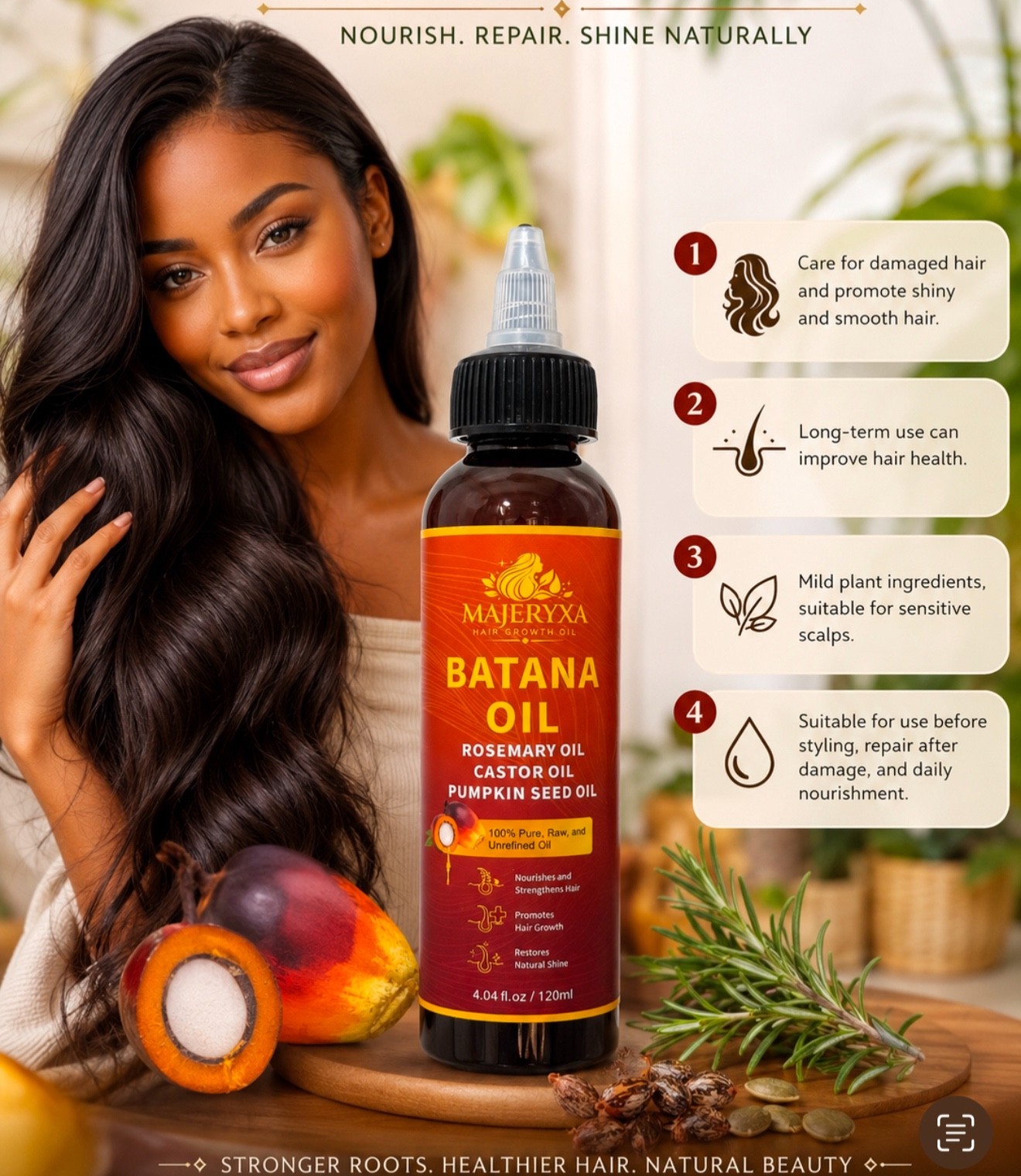MAJERYXA Batana Hair Growth Oil w/ Rosemary, Castor & Pumpkin Seed 4.04oz/120ml