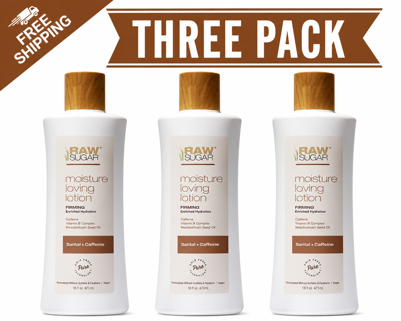 Raw Sugar Moisture Loving Firming Lotion Santal + Caffeine – 16 fl oz 3 PACK