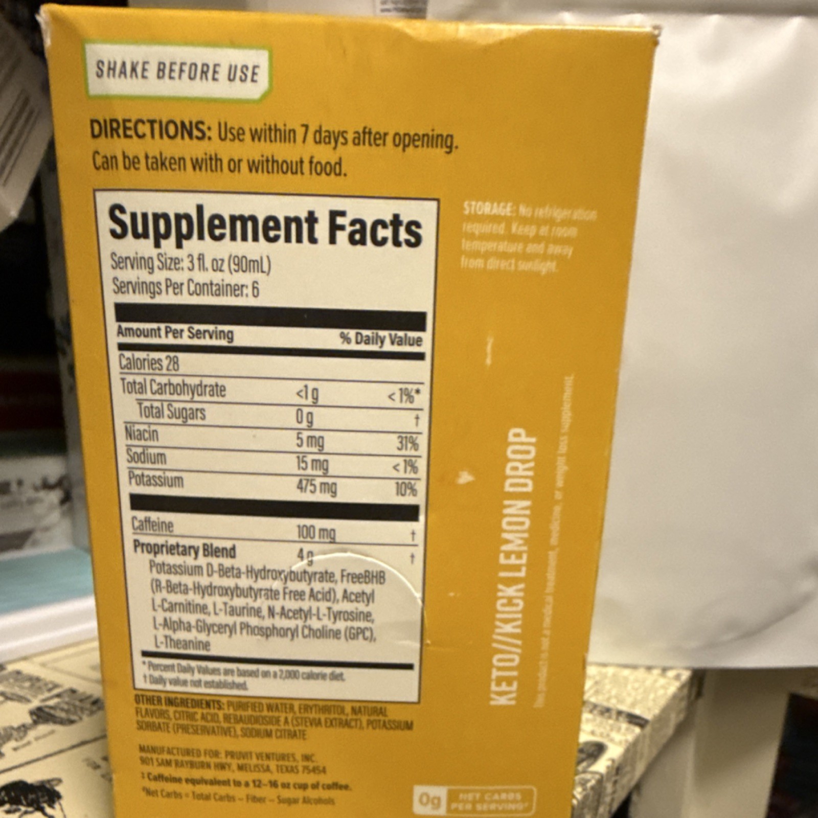 Pruvit Keto Kick Neuro Boost Liquid Lemon 3 fl oz 6 Servings Caffeine Niacin