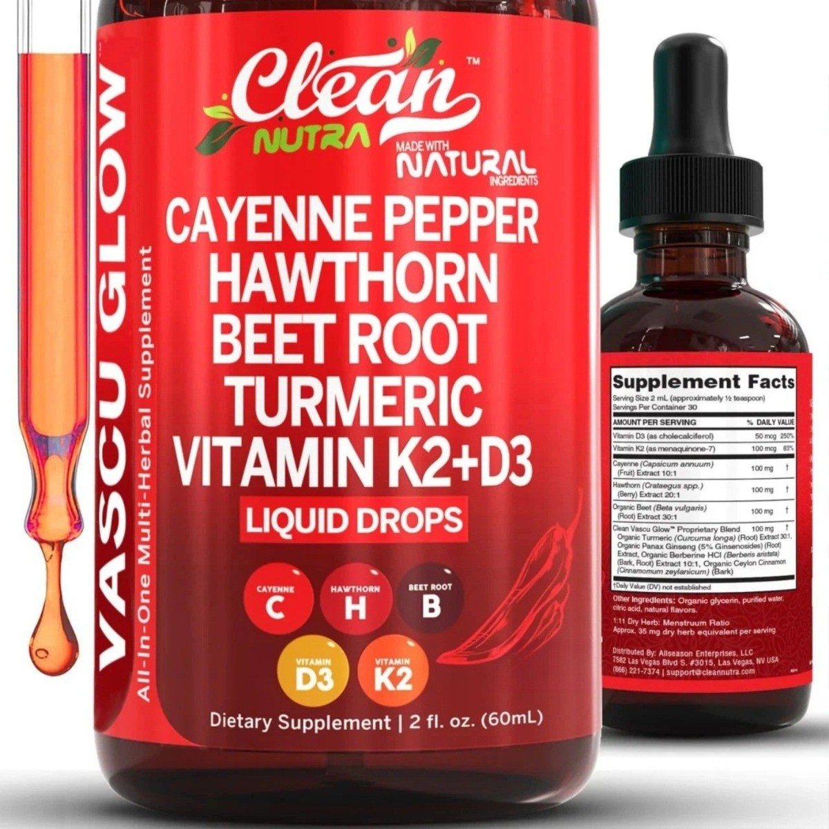 Cayenne & Hawthorn Liquid Drops.Clean Nutra for Circulation & Heart Support