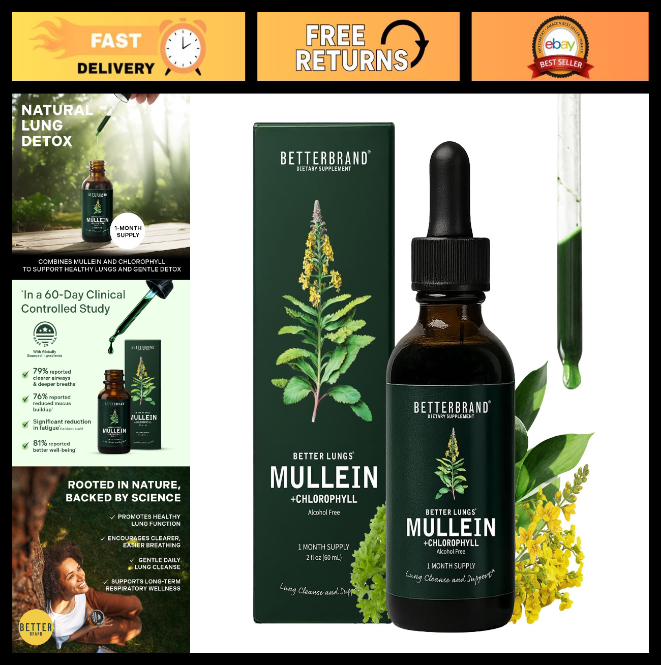 Mullein Drops for Lung Detox – Alcohol-Free Tincture with Chlorophyll – 1 Month