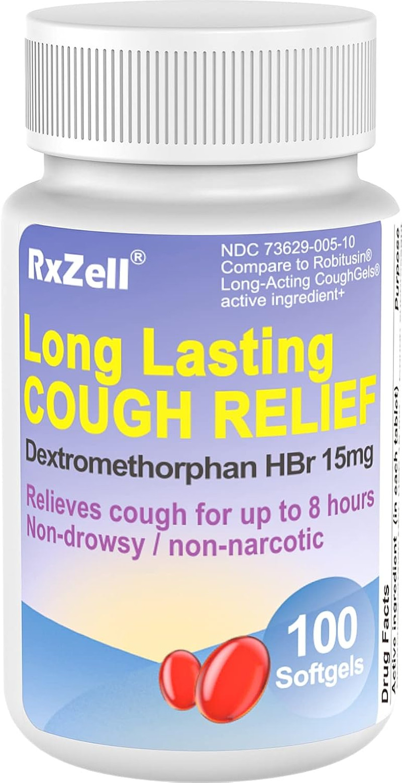 RXZELL Adult Cough Relief, Dextromethorphan Hbr 15Mg (100 Softgels), 8 Hour Long