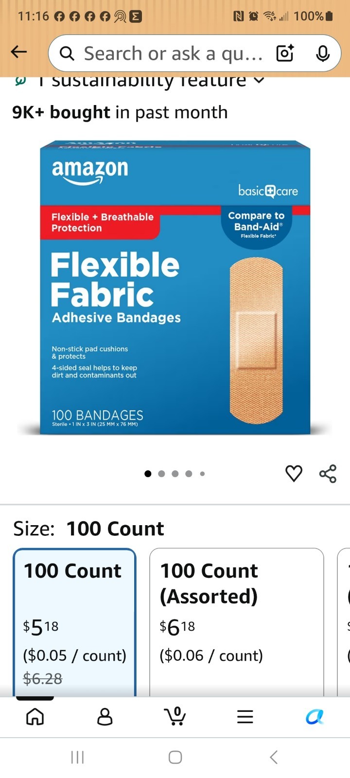 Amazon Basic Care Fabric Adhesive Bandages Breathable Sterile 1×3 Beige 100