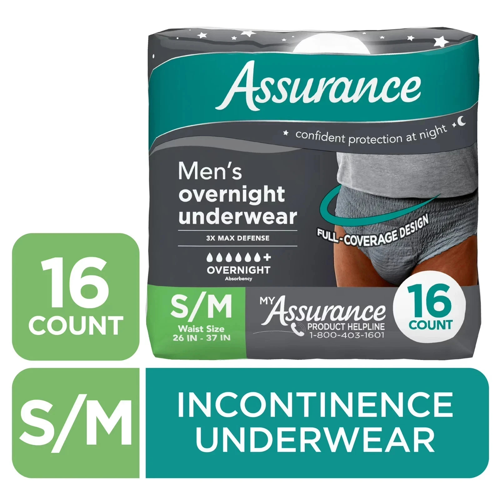 Assurance Incontinence Underwear For Men’s Adult Diaper, Overnight S/M 16 Count