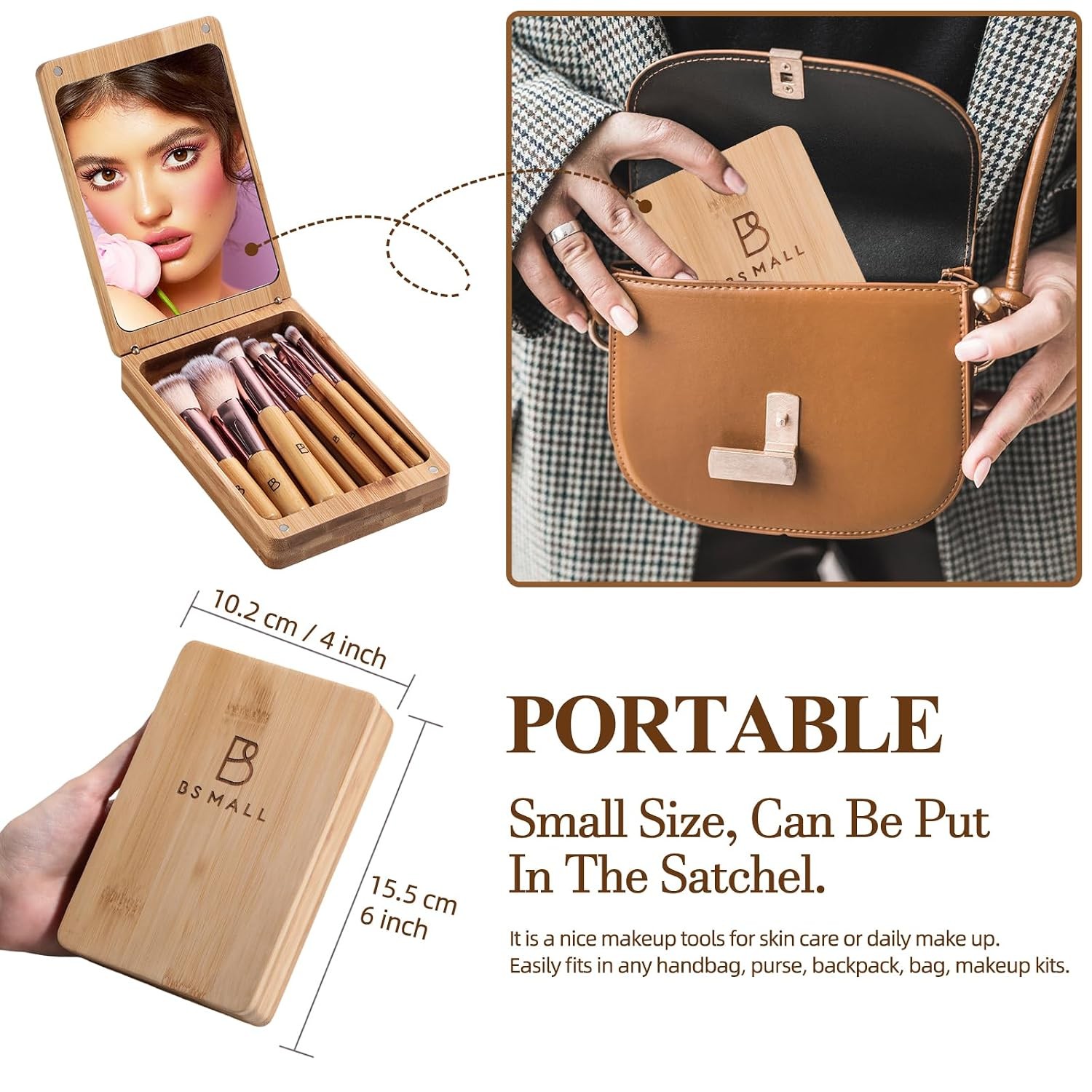 BS-MALL Bamboo Travel Makeup Brush Set w/ 5X Mirror, 14 Pcs