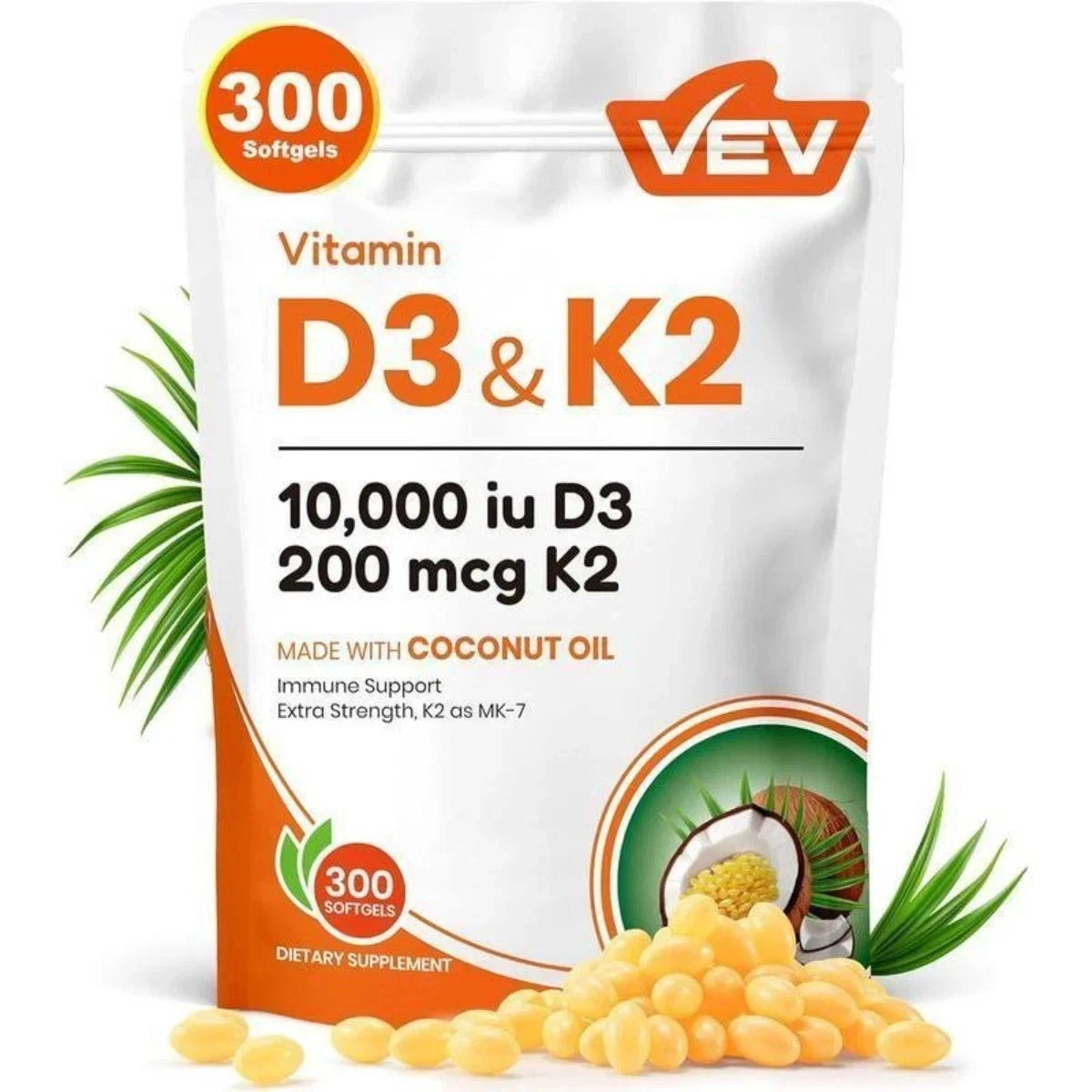 D3 K2 10000 IU + Coconut Oil 300 Softgels Immune & Bone Support