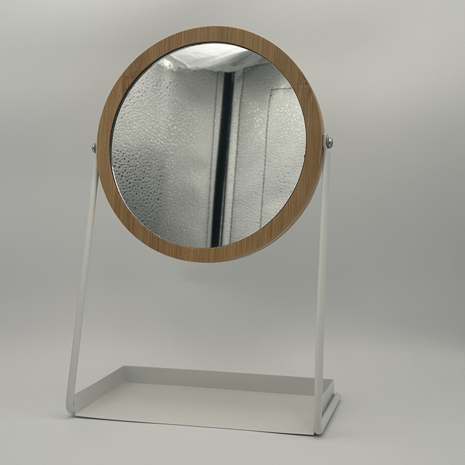 Double-Sided Vanity Mirror with Magnification and Normal View Bamboo/Metal Tray