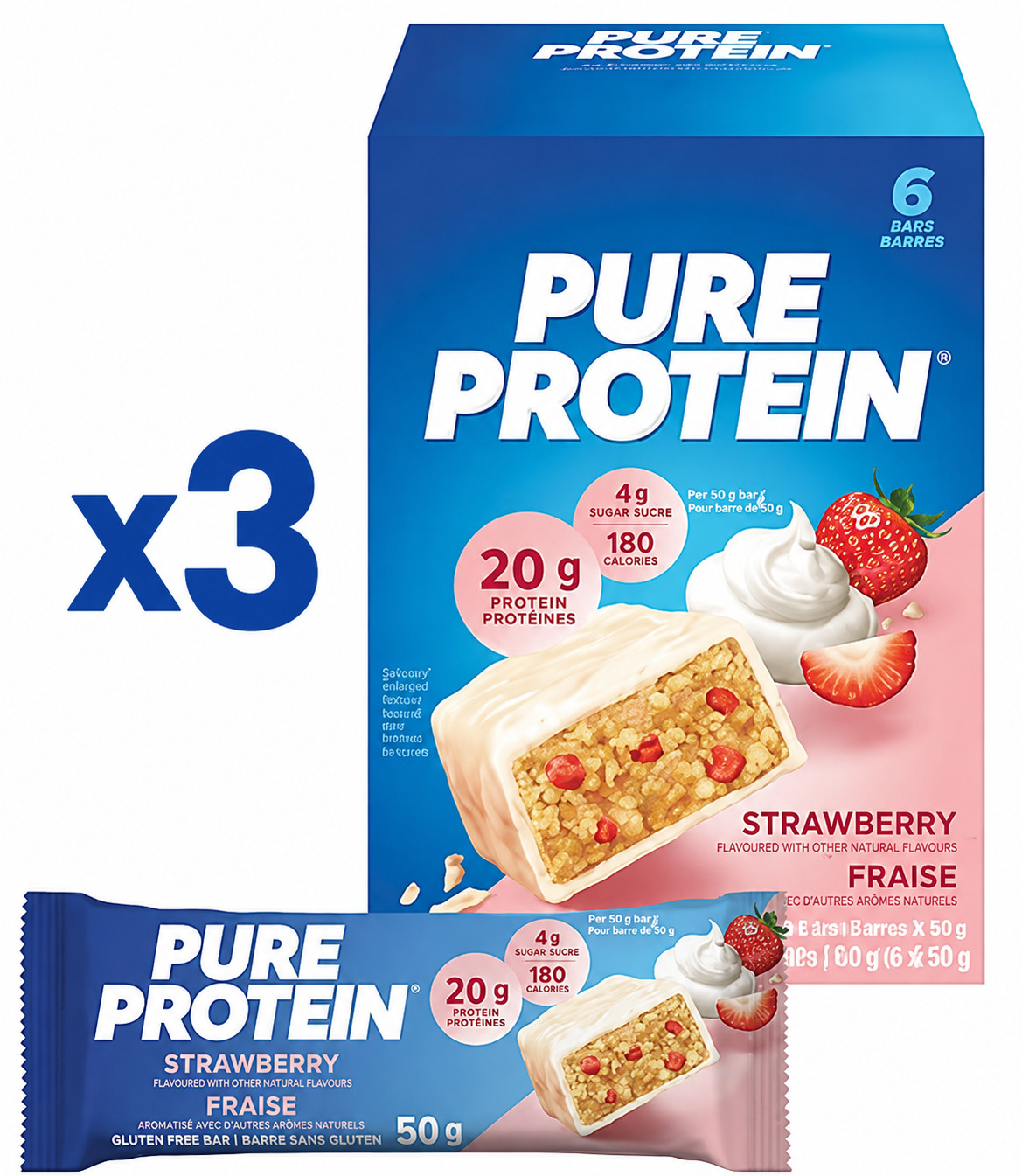 Pure Protein Bars Strawberry 6 Pack (3 Pack, 18 Bars) | Made in Canada Protein