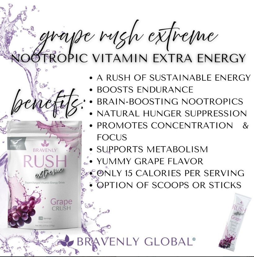 Bravenly RUSH Extreme, GRAPE CRUSH, Supercharged Vitamin Energy, 28 serving NEW