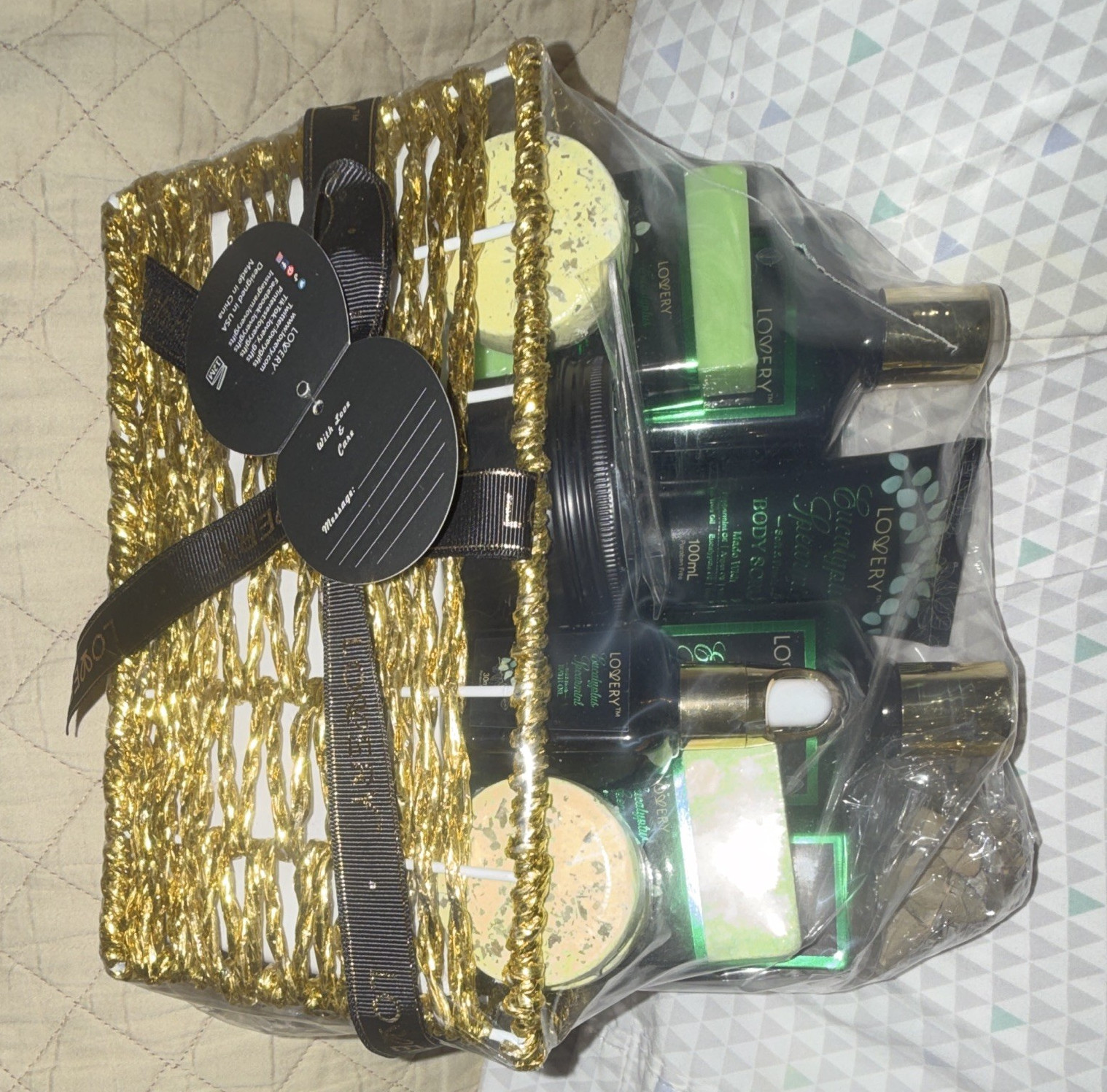 Loverry Bath Set Eucalyptus Spearmint Botanical Gift Basket Green Black Gold