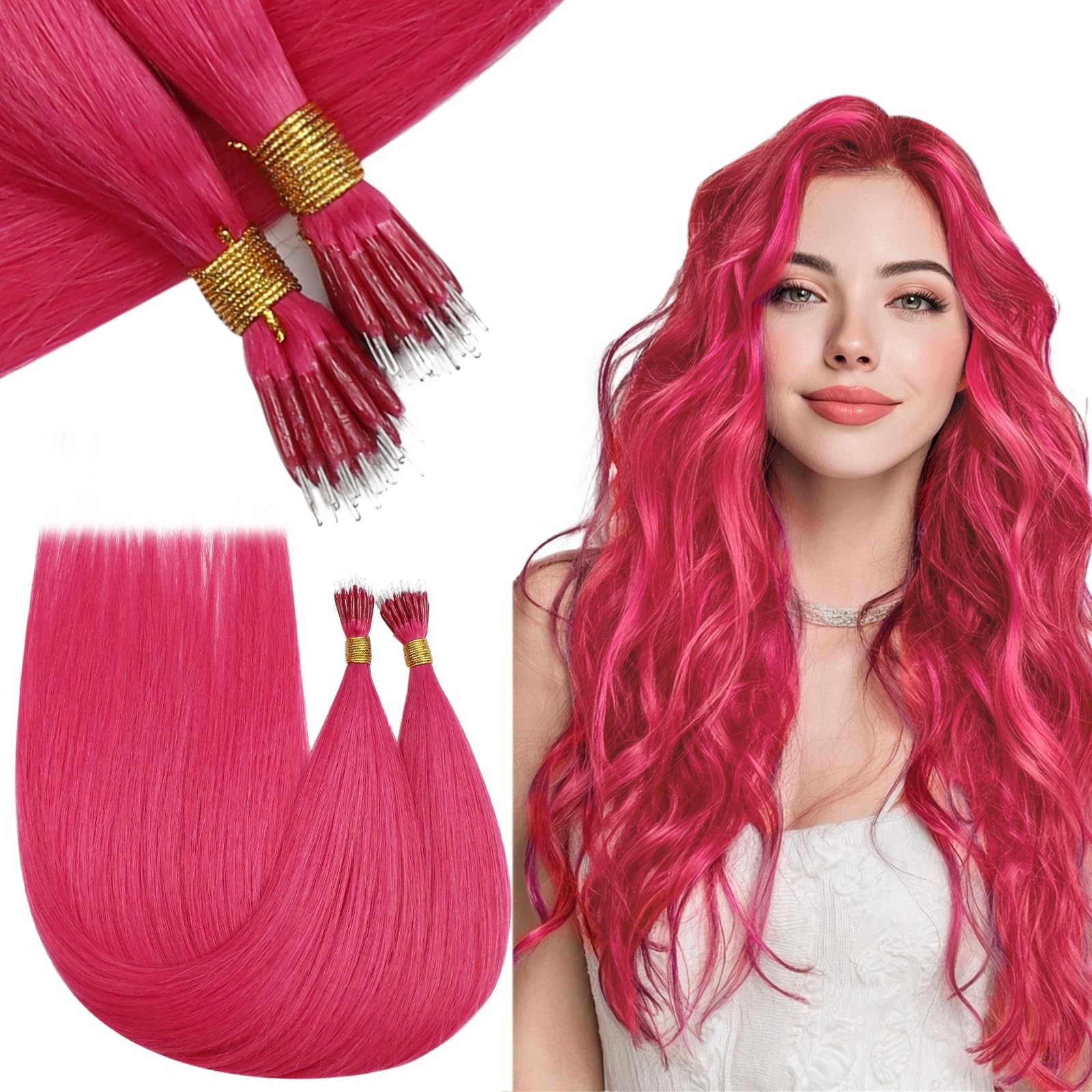 Runature Pink Nano Bead Hair Extensions Human Hair 20 Inch 50G 50S Invisible