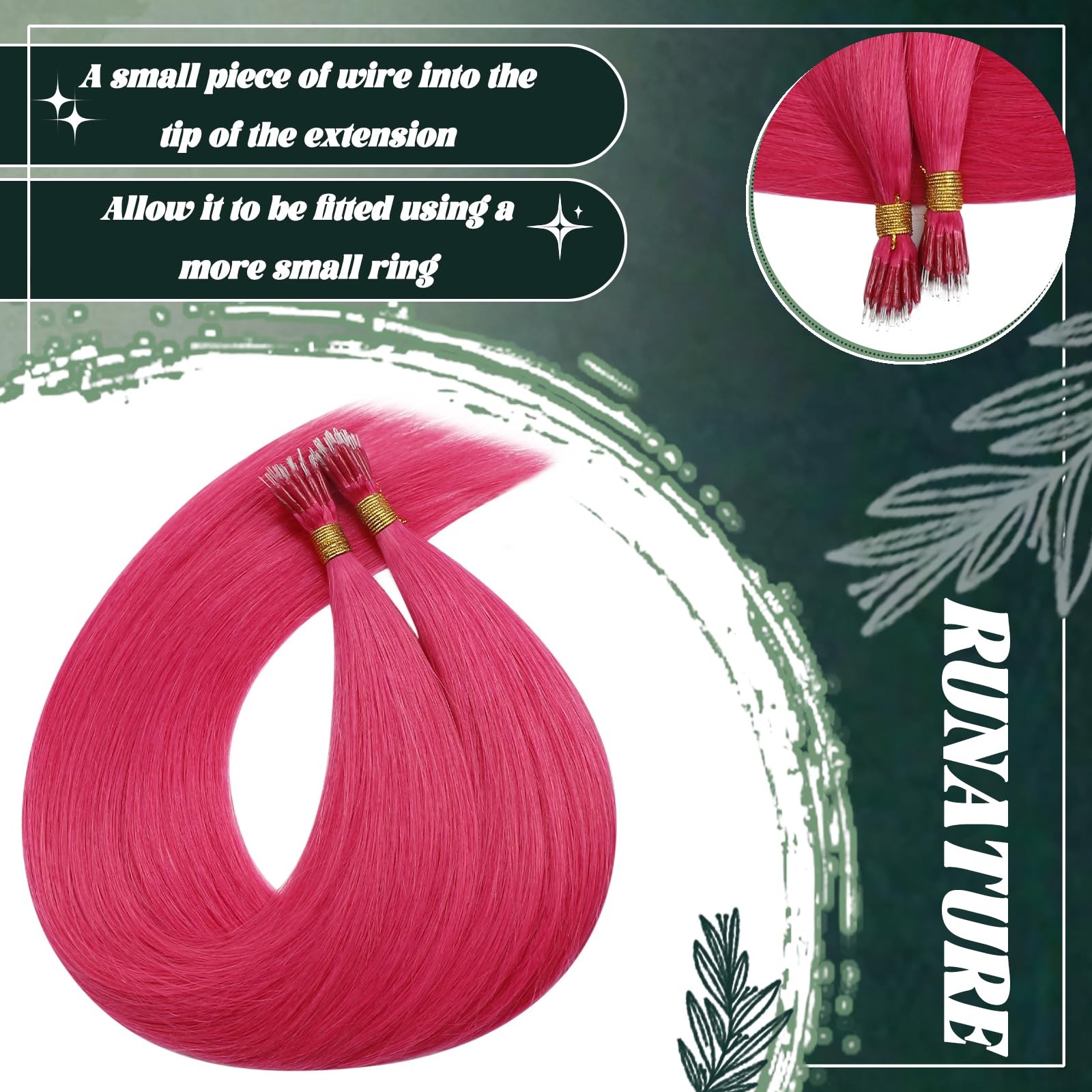 Runature Pink Nano Bead Hair Extensions Human Hair 20 Inch 50G 50S Invisible