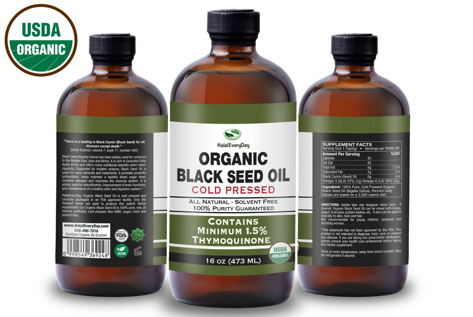Black Seed Oil 16 oz – USDA Organic 100% Pure Cold Pressed Cumin Nigella Sativa
