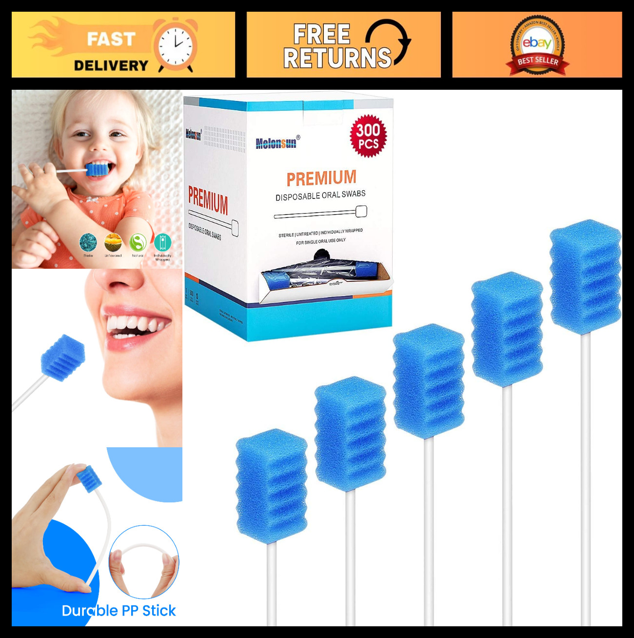 300 Pcs Disposable Oral Swabs – Long Handle Dental Foam Swabs for Mouth Care