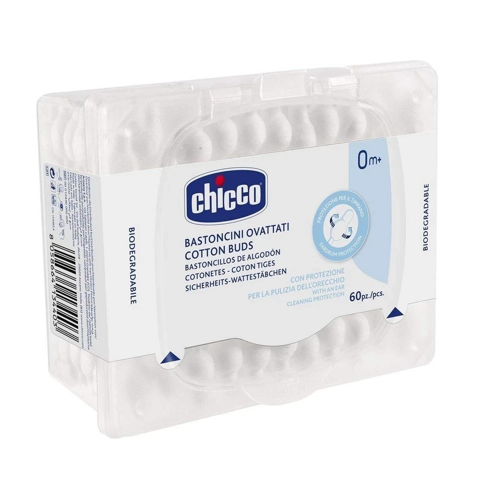 Chicco Cotton Buds with Ear Drum Protection | Paper Stem – 60 count (Pack of 1)