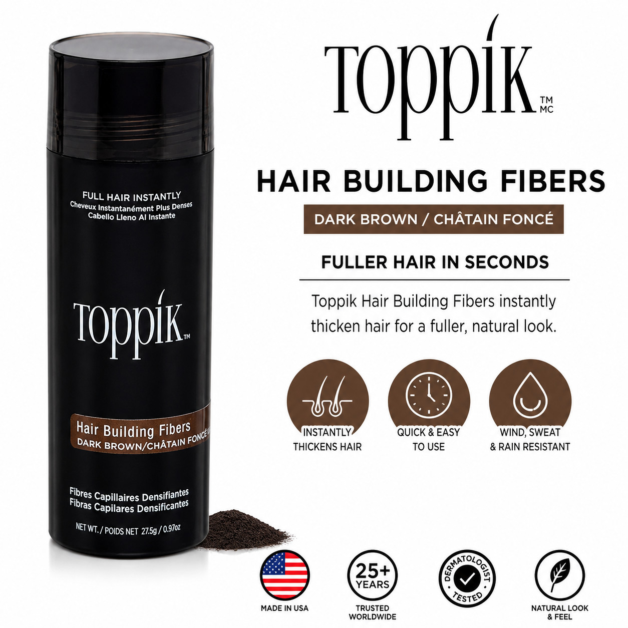 Toppik Hair Building Fibers Black, Dark Brown, Medium Brown , Light Brown 27.5g