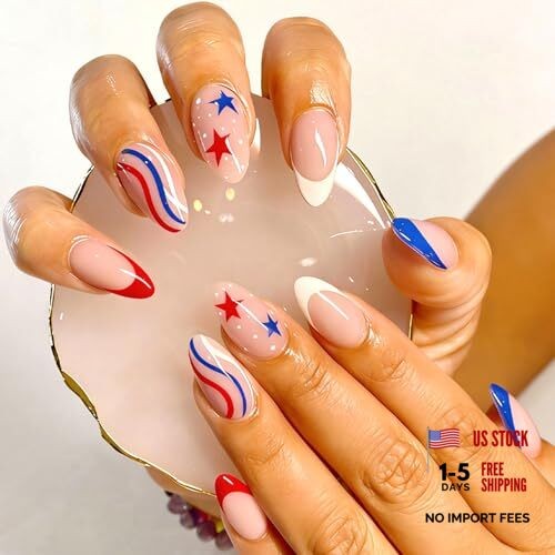 4th of July French Tip Press on Nails Medium Almond 4th of July Press on Nails