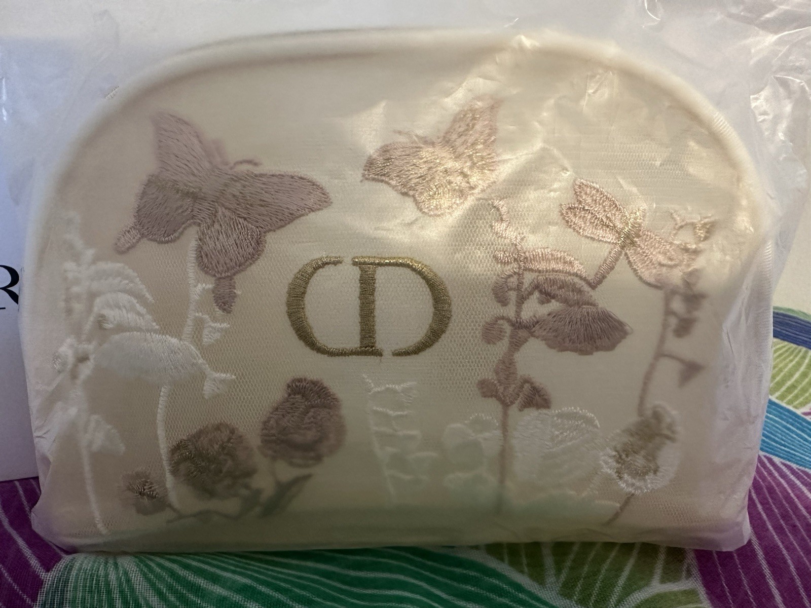 Dior DIOR Trousse Pouch Makeup Bag Beige Fabric Embroidered Zipper 8.5×5.5″