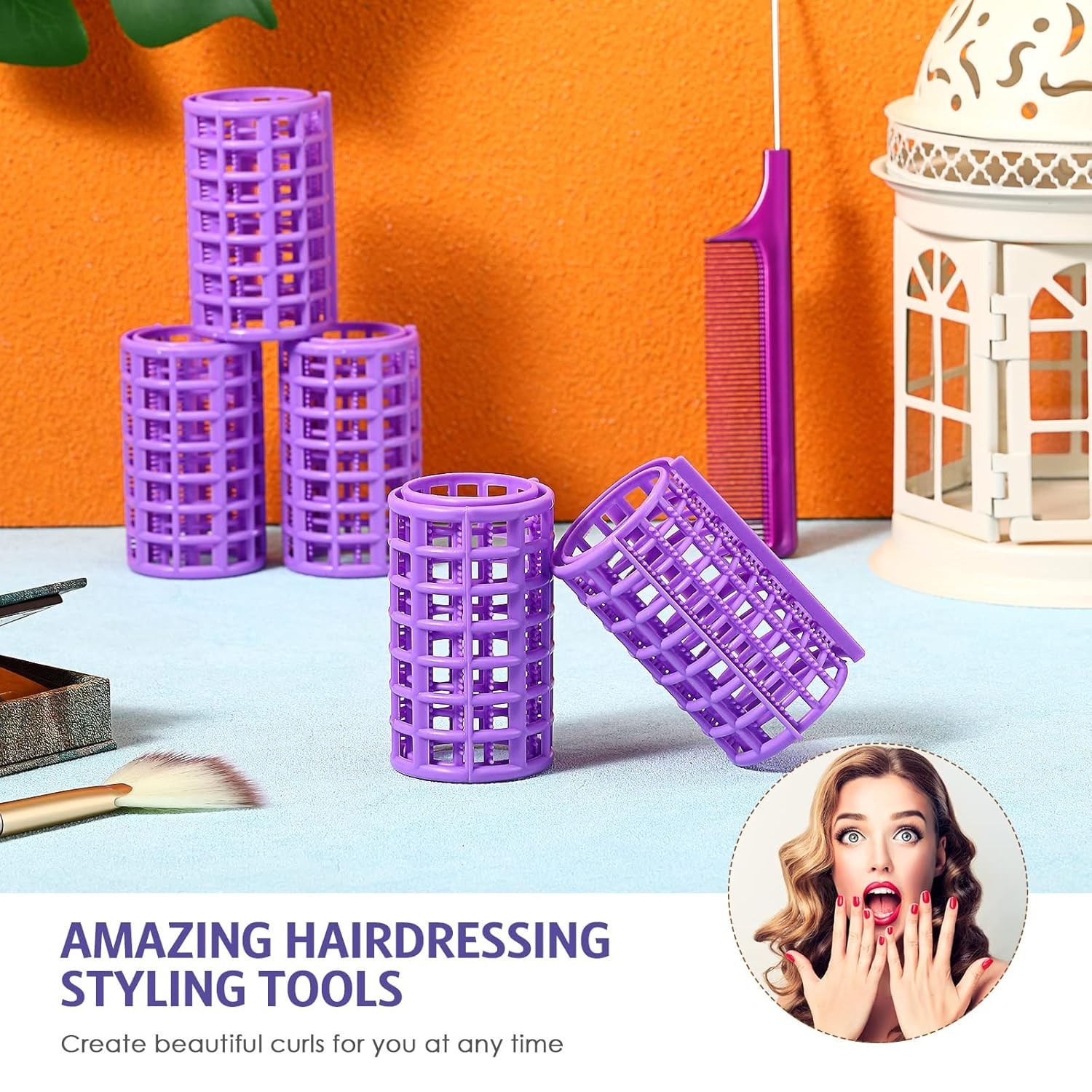 12 Pcs Plastic Hair Rollers | Large Snap Curlers + Comb Purple