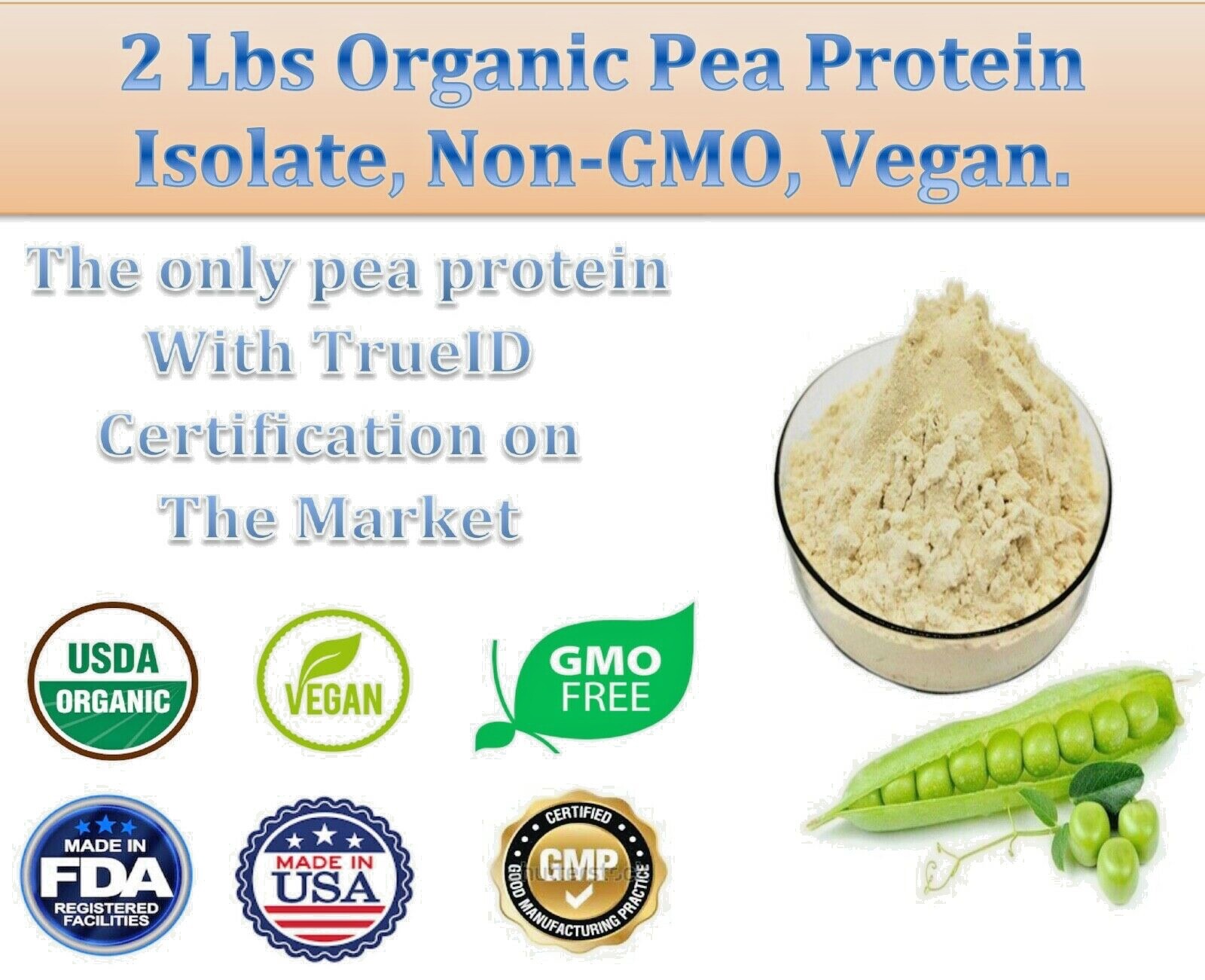 2 Lbs Organic Pea Protein Isolate, Non-GMO, Vegan. Free Shipping!
