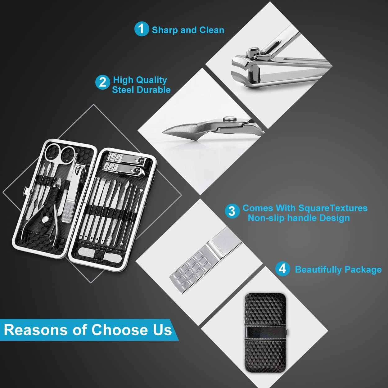 Manicure Set 18Pcs Stainless Steel Nail Clippers Set with Case Black | Professio