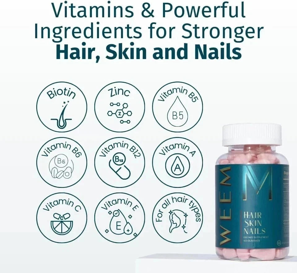 WEEM Hair Skin and Nails Gummies, Vegan biotin Vitamins, Healthy Hair- Pack of 3