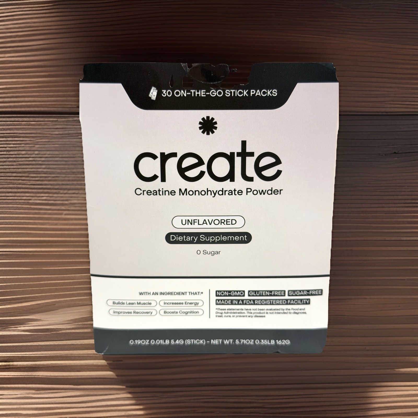 Create Creatine Monohydrate On-The-Go Sticks Unflavored 30 Ct. Exp 08/2027.