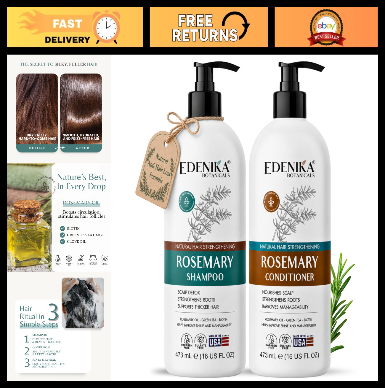 Rosemary Oil Shampoo & Conditioner Set – Biotin & Spirulina for Thinning Hair, A