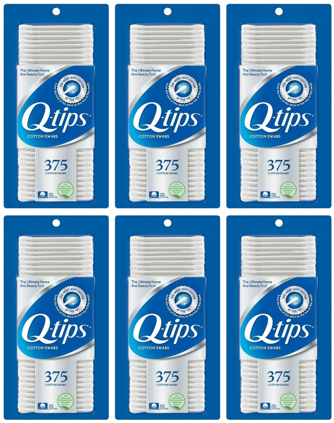 Q-tips Cotton Swabs Original Cotton Swab Made With 100% Cotton 375 Count-6 Pack