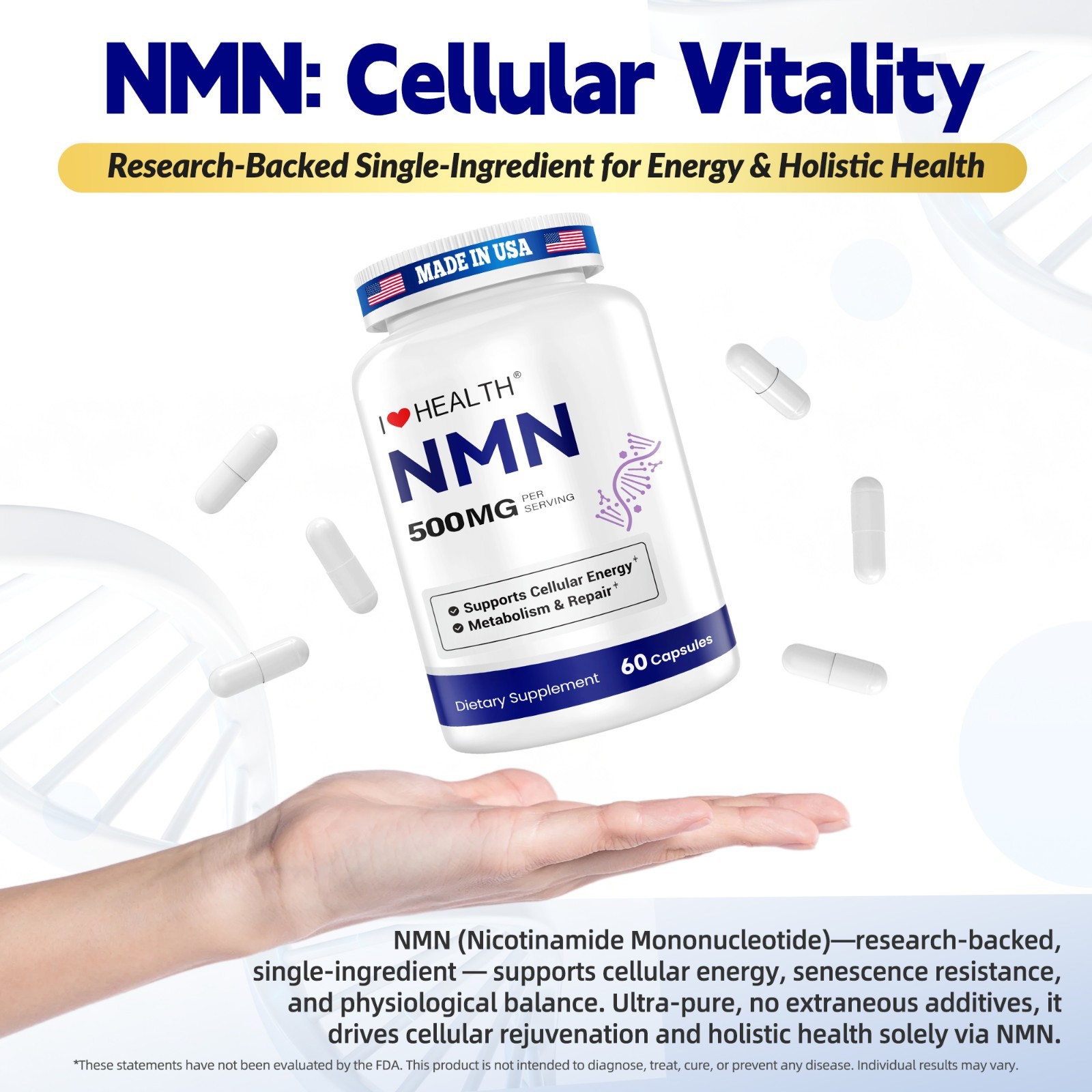 NMN 500mg 60 Capsules – Extra Strength NAD+ Booster Dietary Supplement