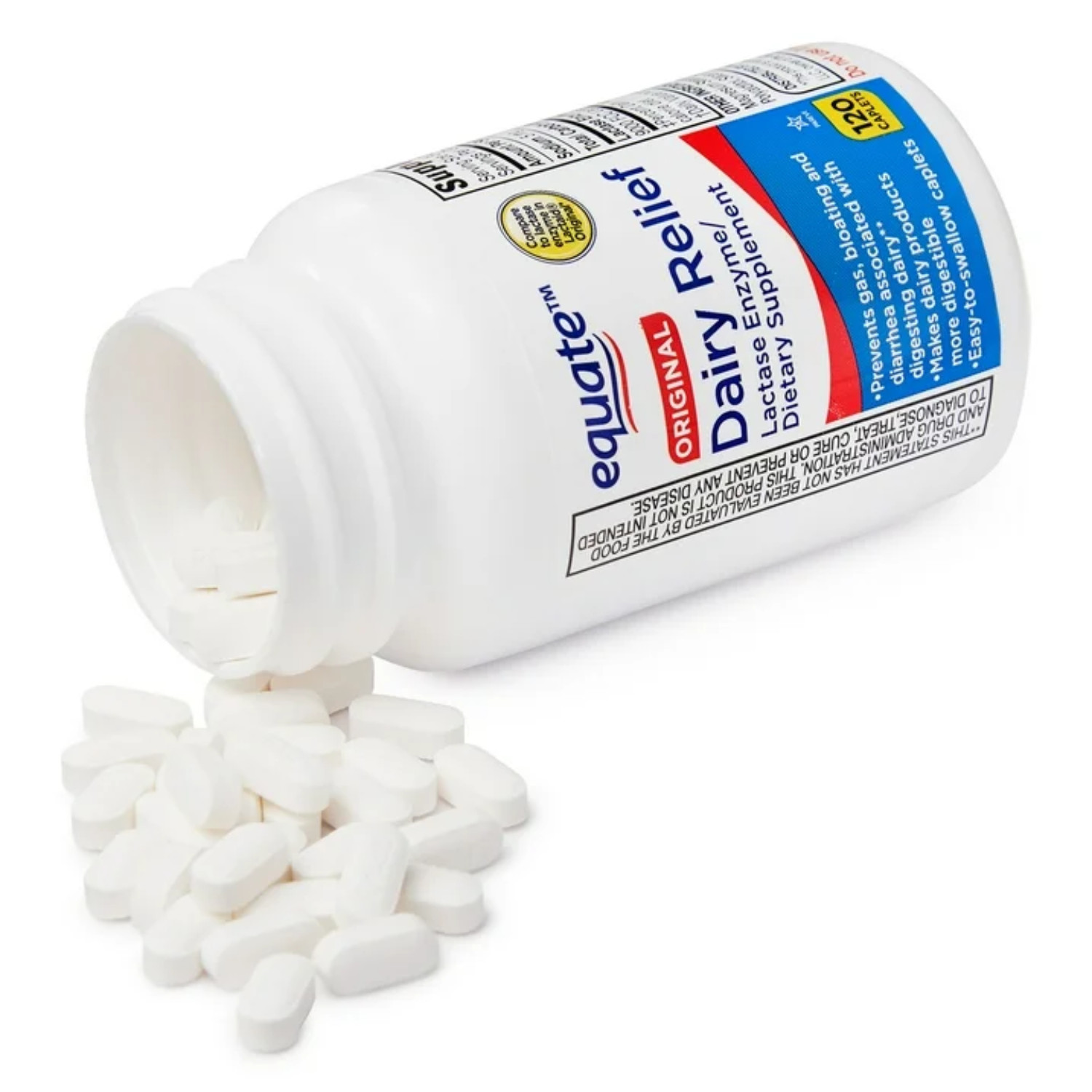 Equate Dairy Relief Caplets Original Support Diarrhea Easy-to-swallow, 120 Count