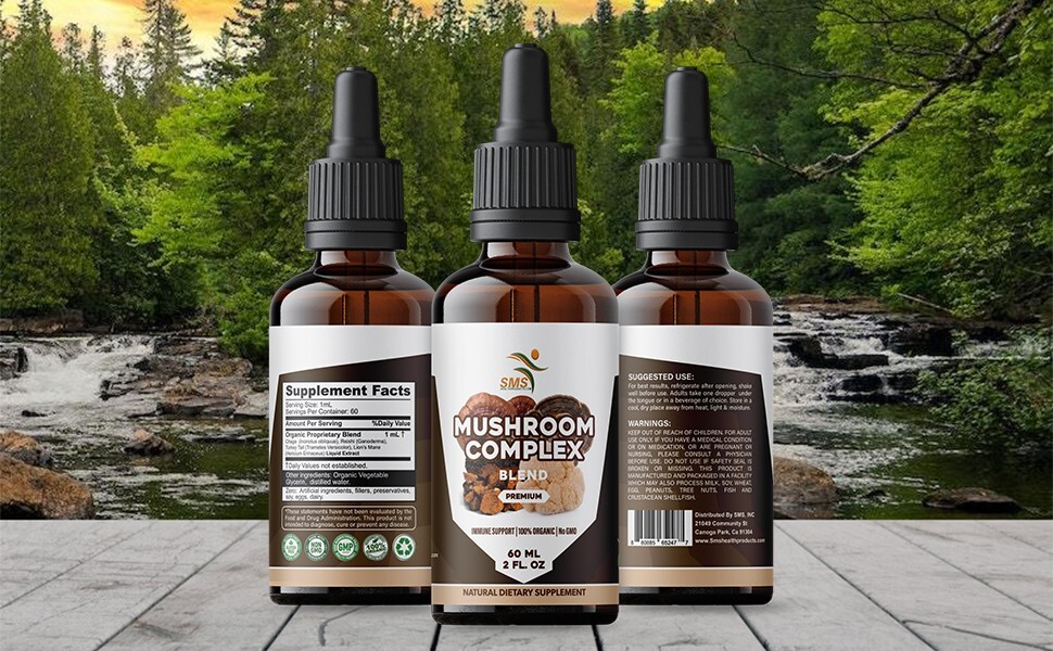 Mushroom Complex Extract Organic Non GMO Tincture Liquid Herbal Drops 2 Fl Oz