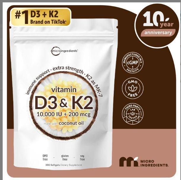 Vitamin D3 10000IU K2 MK-7 200mcg Virgin Coconut Oil Softgel Capsules 300 Count