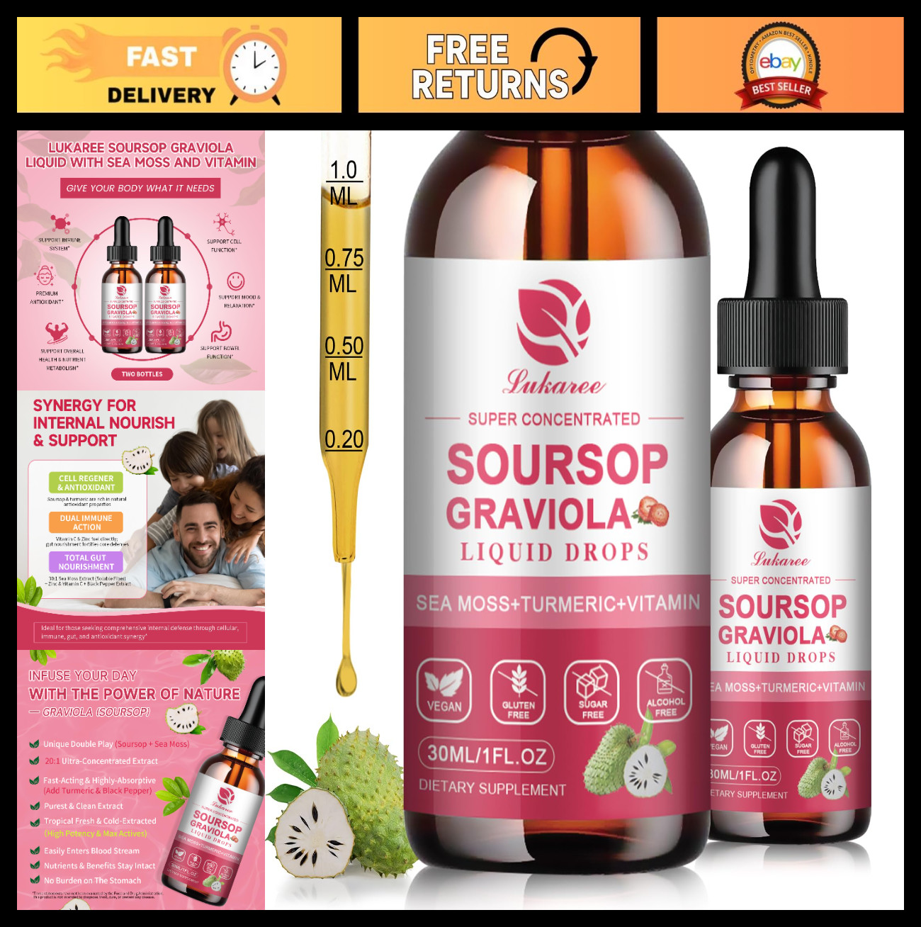 2 Pack Soursop Graviola Leaf Extract Drops & Sea Moss for Immunity, Gut Health,