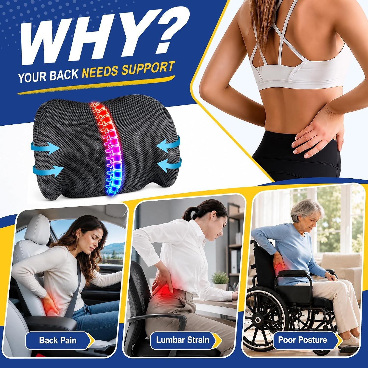 Memory Foam Seat Cushion W/Lumbar Support Pillow For Back & Sciatica Pain Relief