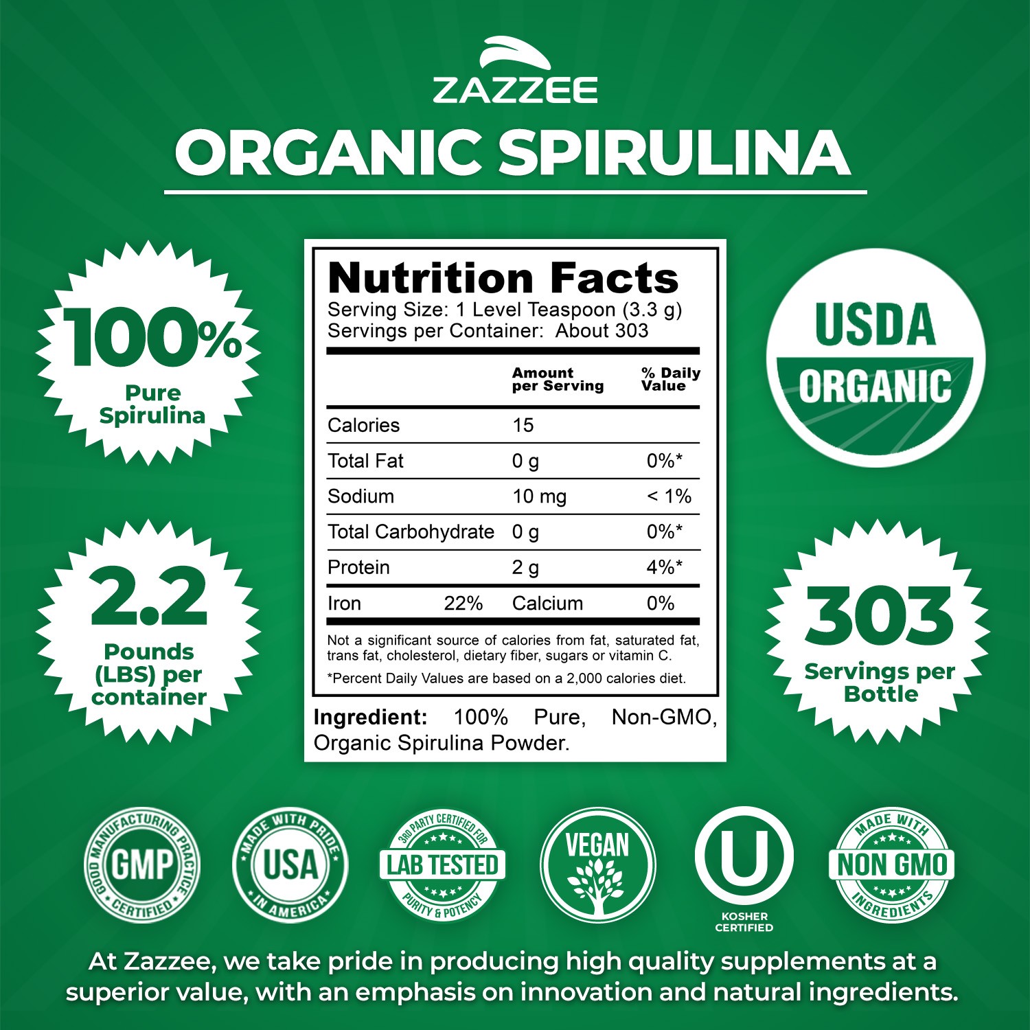 Organic Spirulina Powder 2.2 Pounds (1 KG) 100% Pure Non-GMO USDA Non-Irradiated
