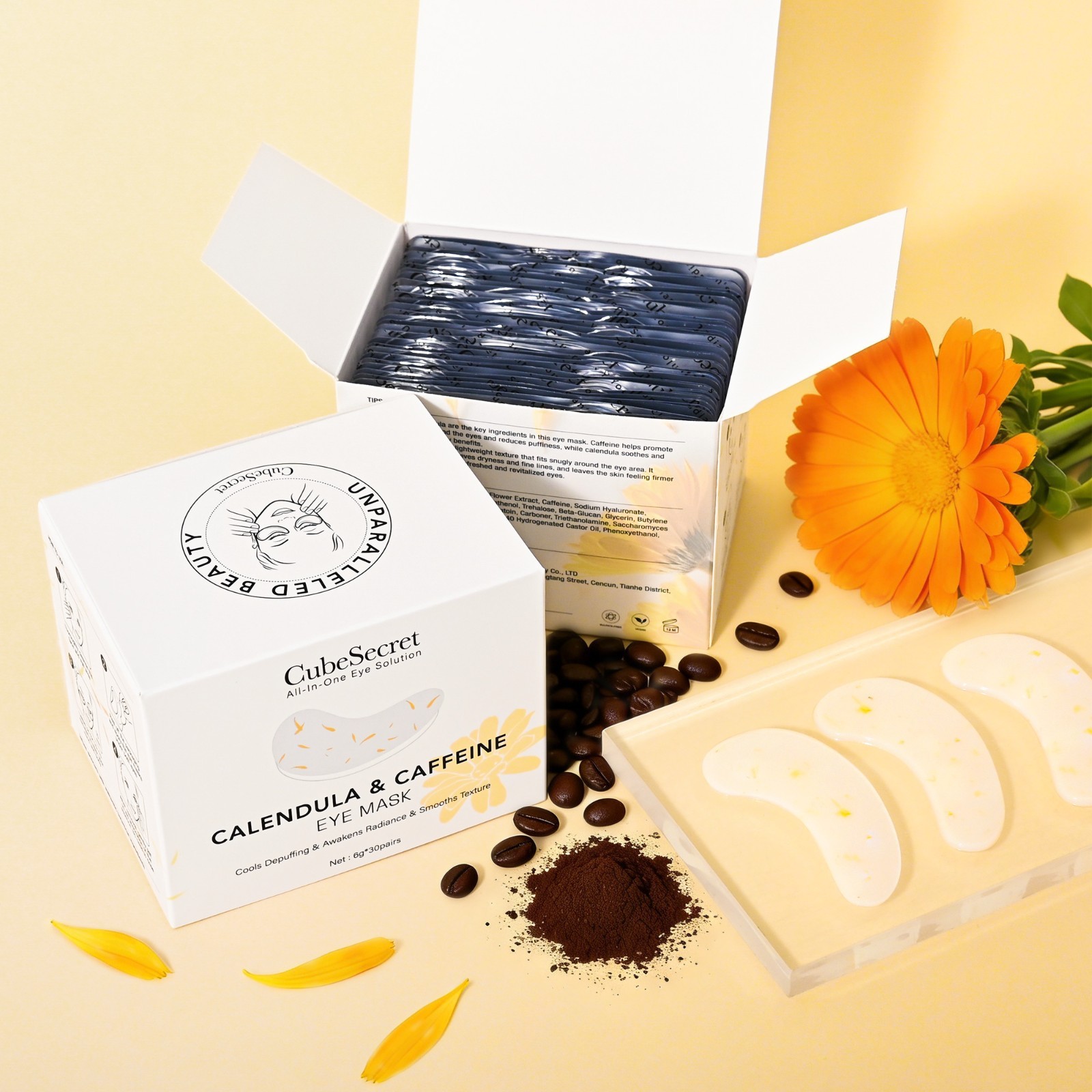 30 Pairs Calendula Caffeine Under Eye Patches Dark Circles Puffiness Mask