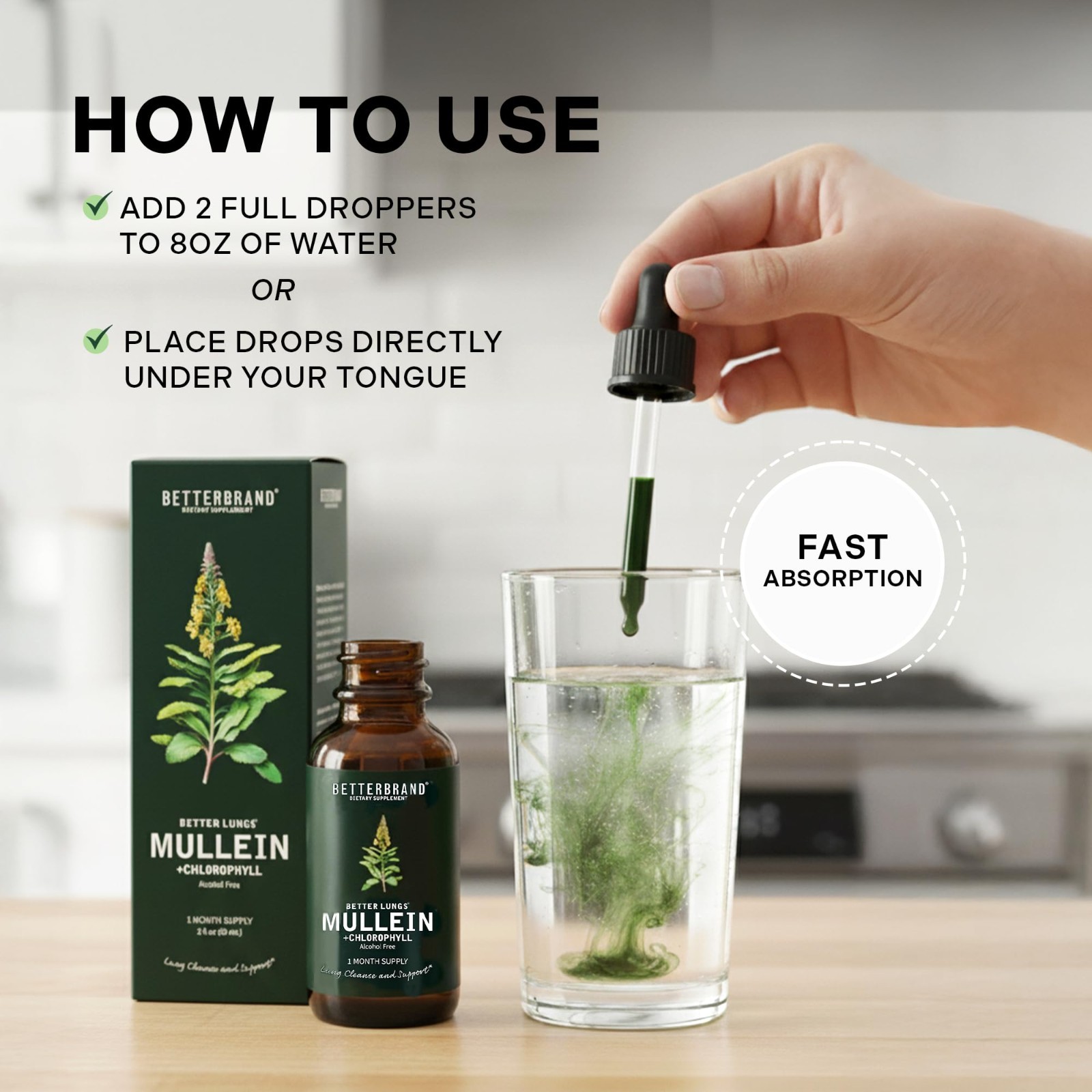 Mullein Drops for Lung Detox – Alcohol-Free Tincture with Chlorophyll – 1 Month