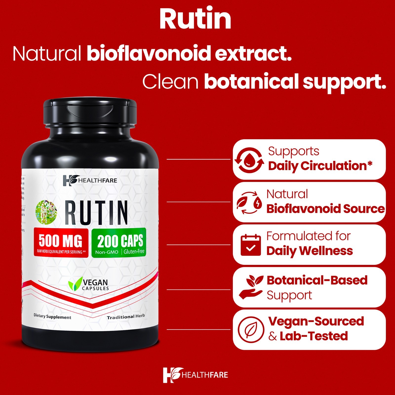 HealthFare Rutin 500mg Rutoside Bioflavonoid 200 Caps Vascular Health USA Made