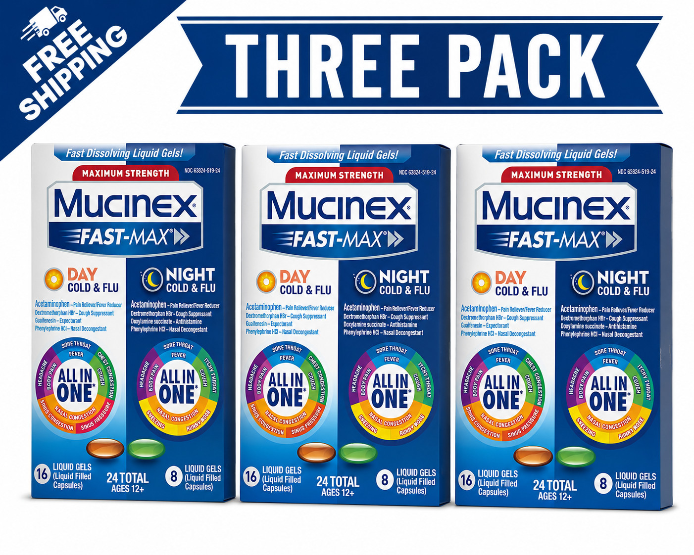 Mucinex Fast-Max Day/Night Cold & Flu Liquid Gels 24ct EXP 8/26 SEALED 3 PACK