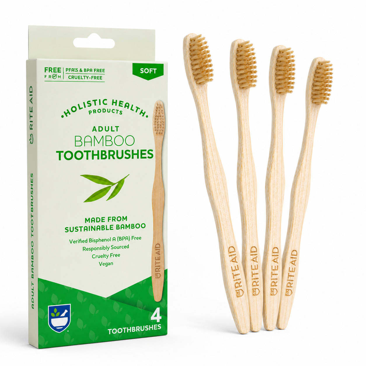 4 Pack Rite Aid Adult Bamboo Toothbrushes Soft Bristles Eco Friendly BPA Free