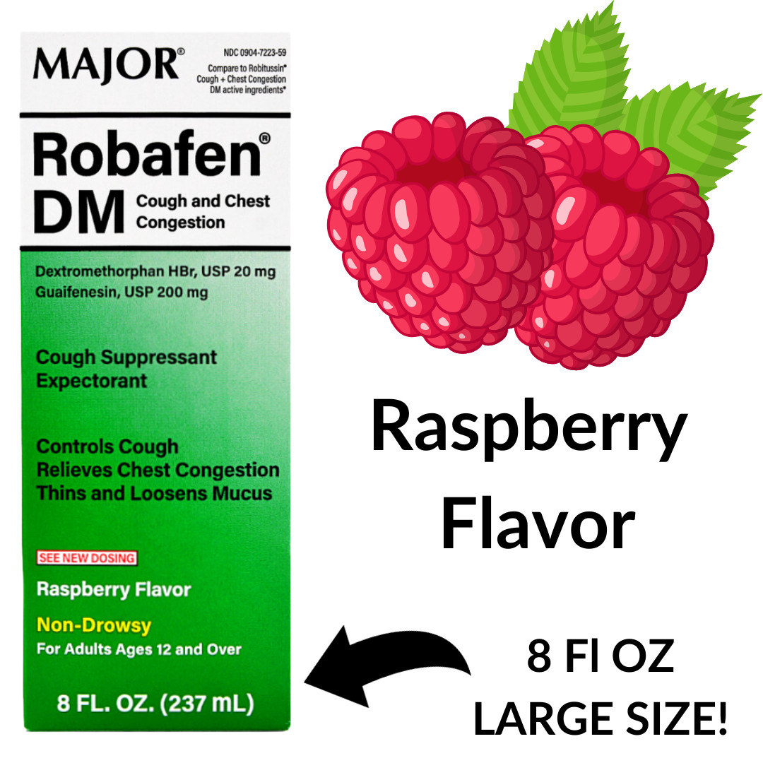 Major Robafen DM Cough Raspberry Flavor Syrup – 8 Fl Oz | Robitussin DM (3 Pack)