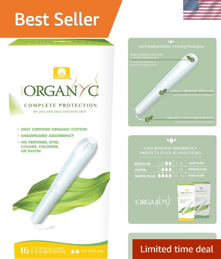 100% Certified Organic Cotton Tampons, Cardboard Applicator, Free from Chlori…