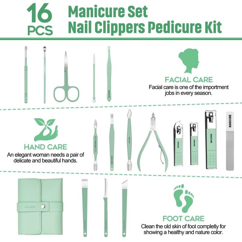 16 Pcs Professional Manicure Pedicure Set Leather Case for Thick Nails Gift