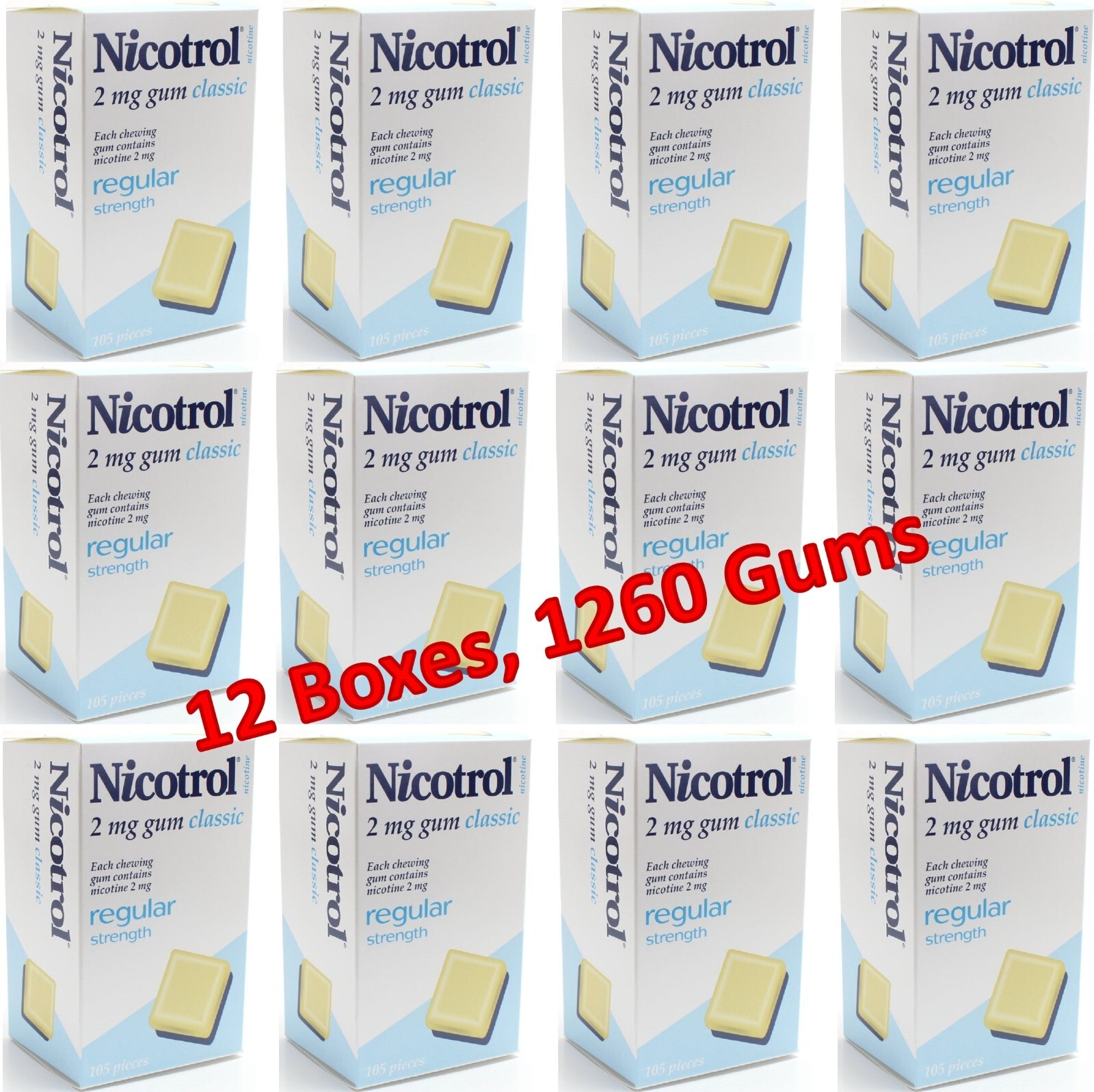 Nicotrol Nicotine Gum 2mg Classic. 12 Boxes of 105 Gums. Total 1260. Exp 10/2026