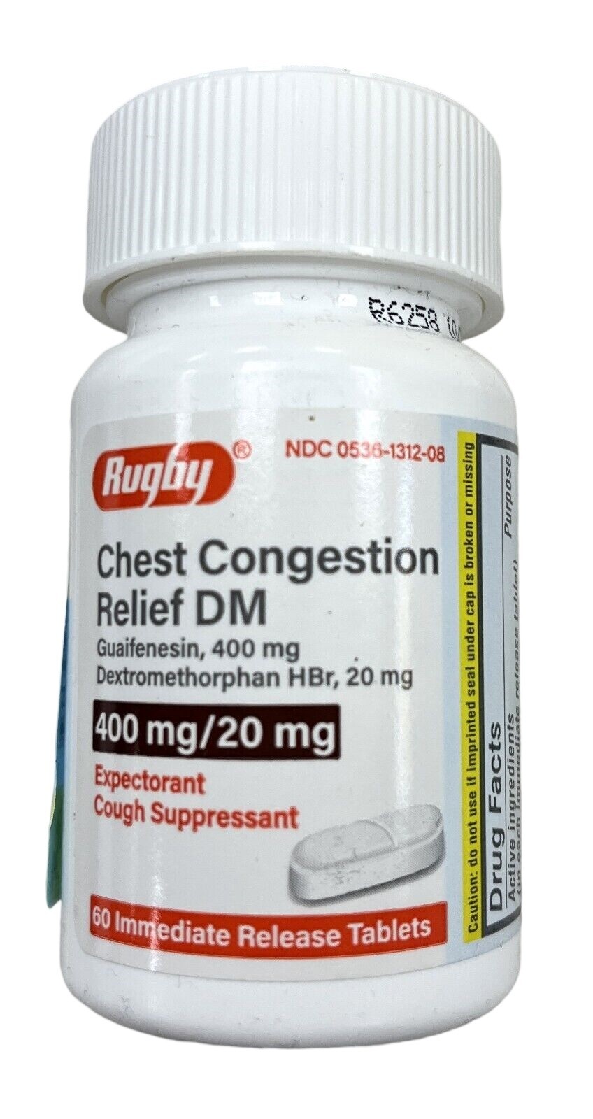 Rugby Chest Congestion DM Tabs 400/20mg 60ct Expectorant / Cough Supressant ~