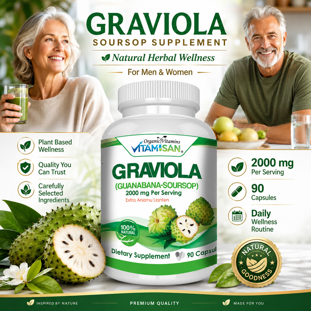 GRAVIOLA SOURSOP 2000 MG 3 BOTTLES PURE PER SERVING BOOSTER 270 CAPSULES ANNONA