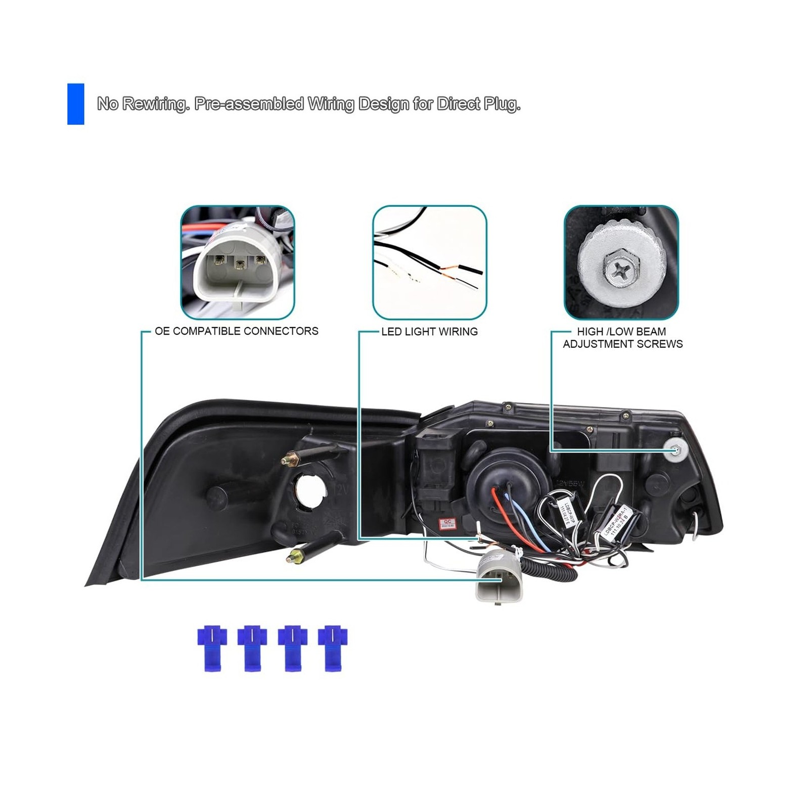 SPEC-D TUNING Black LED Headlights For 1999-2004 Ford Mustang, 1 Set